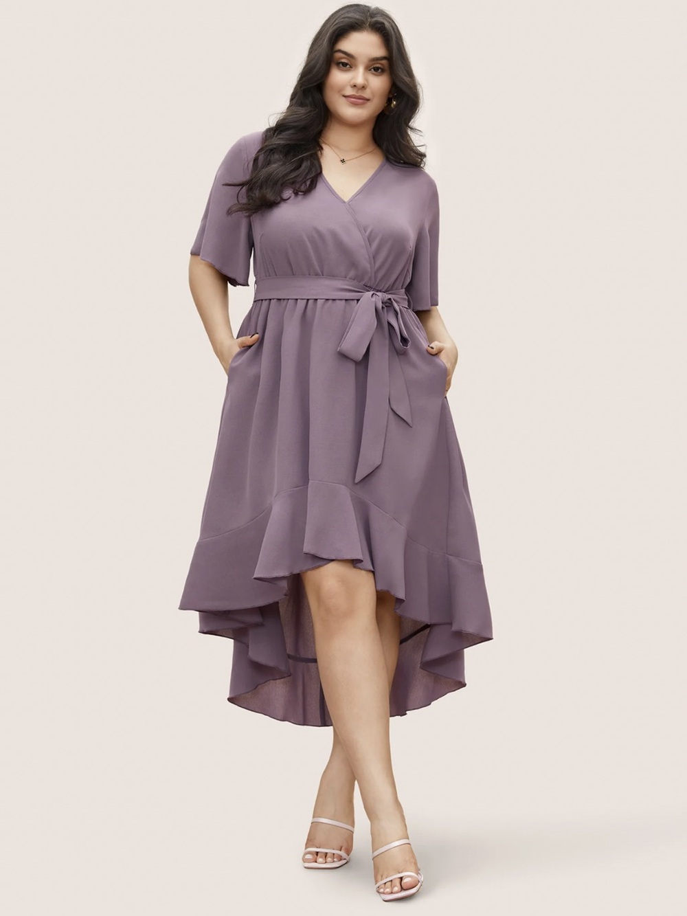 BloomChic Mauve High-Low midi Wrap Dress with Tie Waist